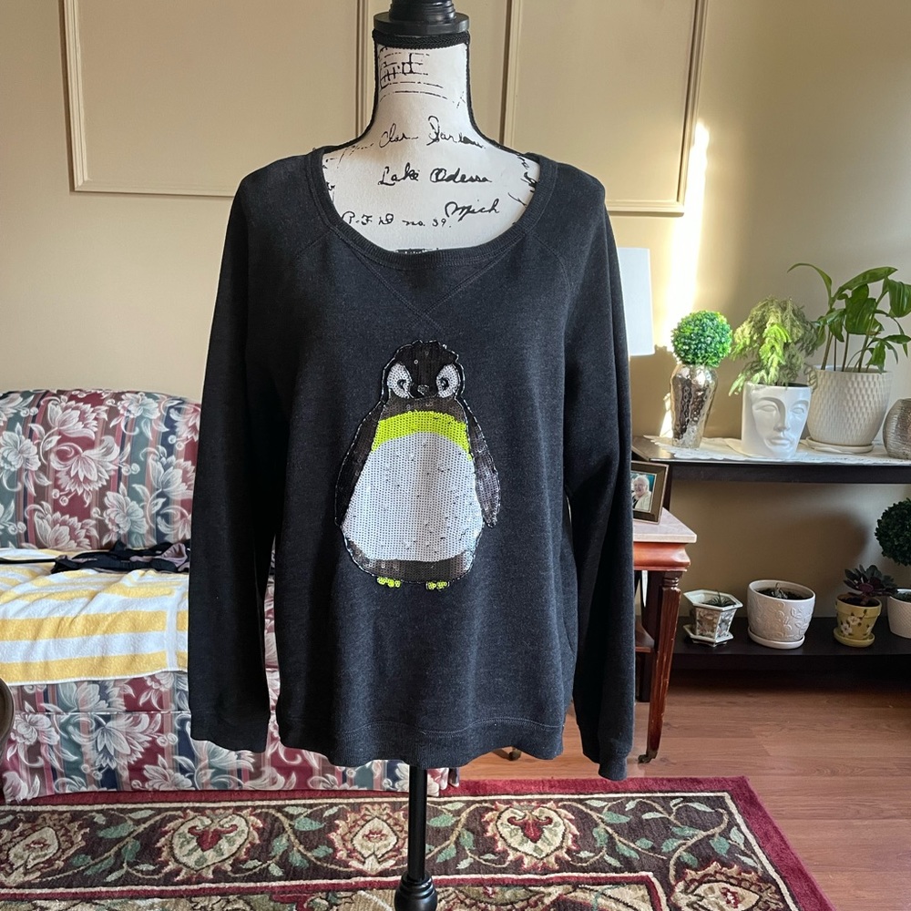 American Eagle Outfitters Grey Sequin Penguin Fleece Pullover Sweatshirt